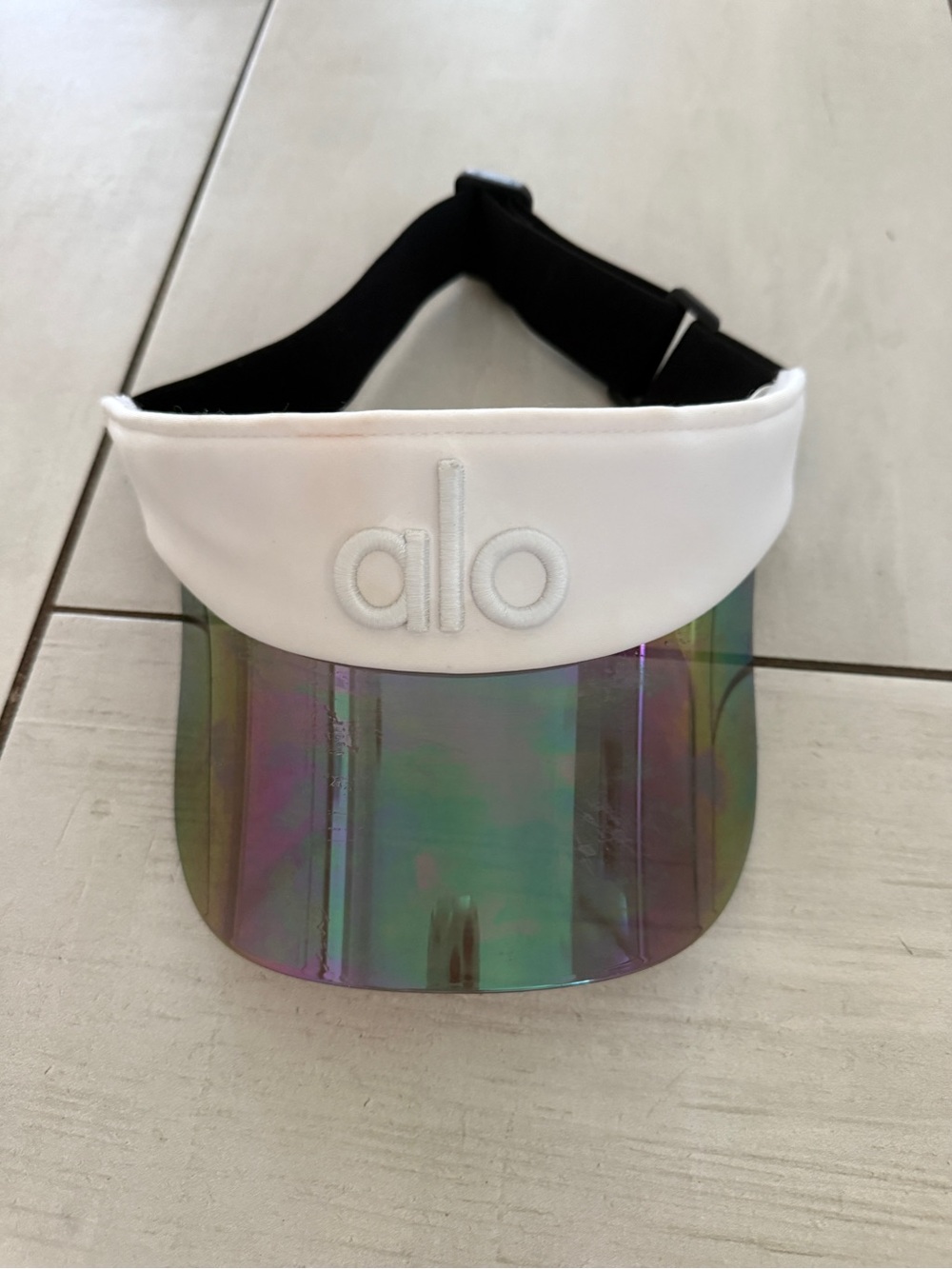 Alo White Visor with Iridescent Green Shield